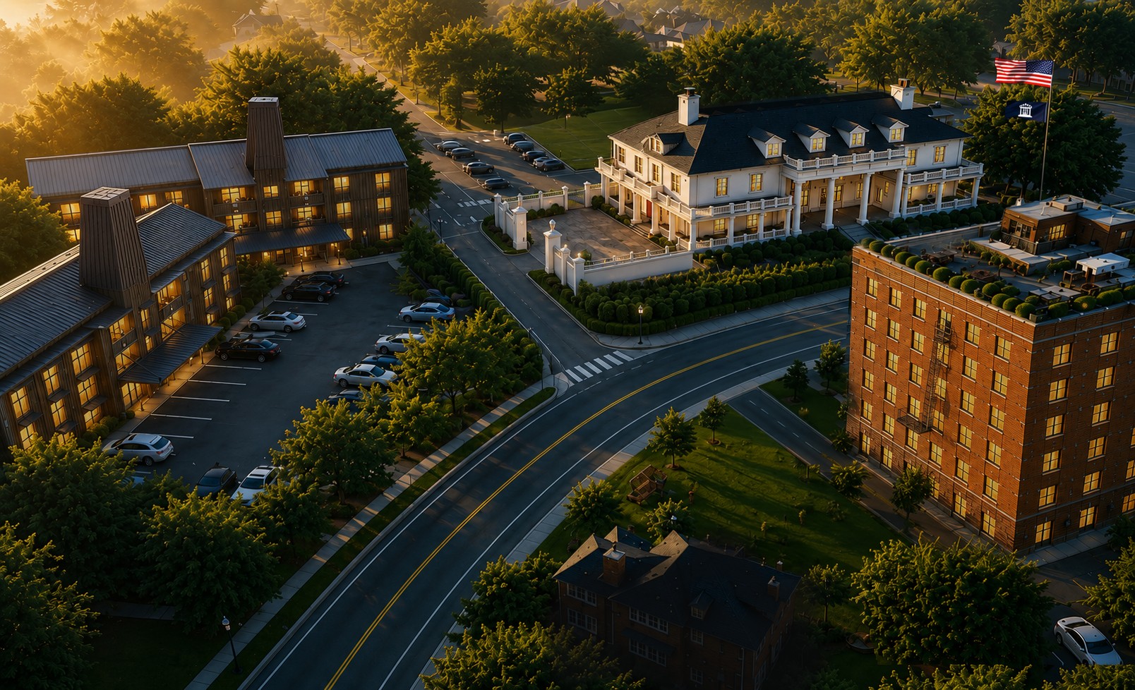 Aerial view of the Baker House clubhouse and neighboring student apartment community