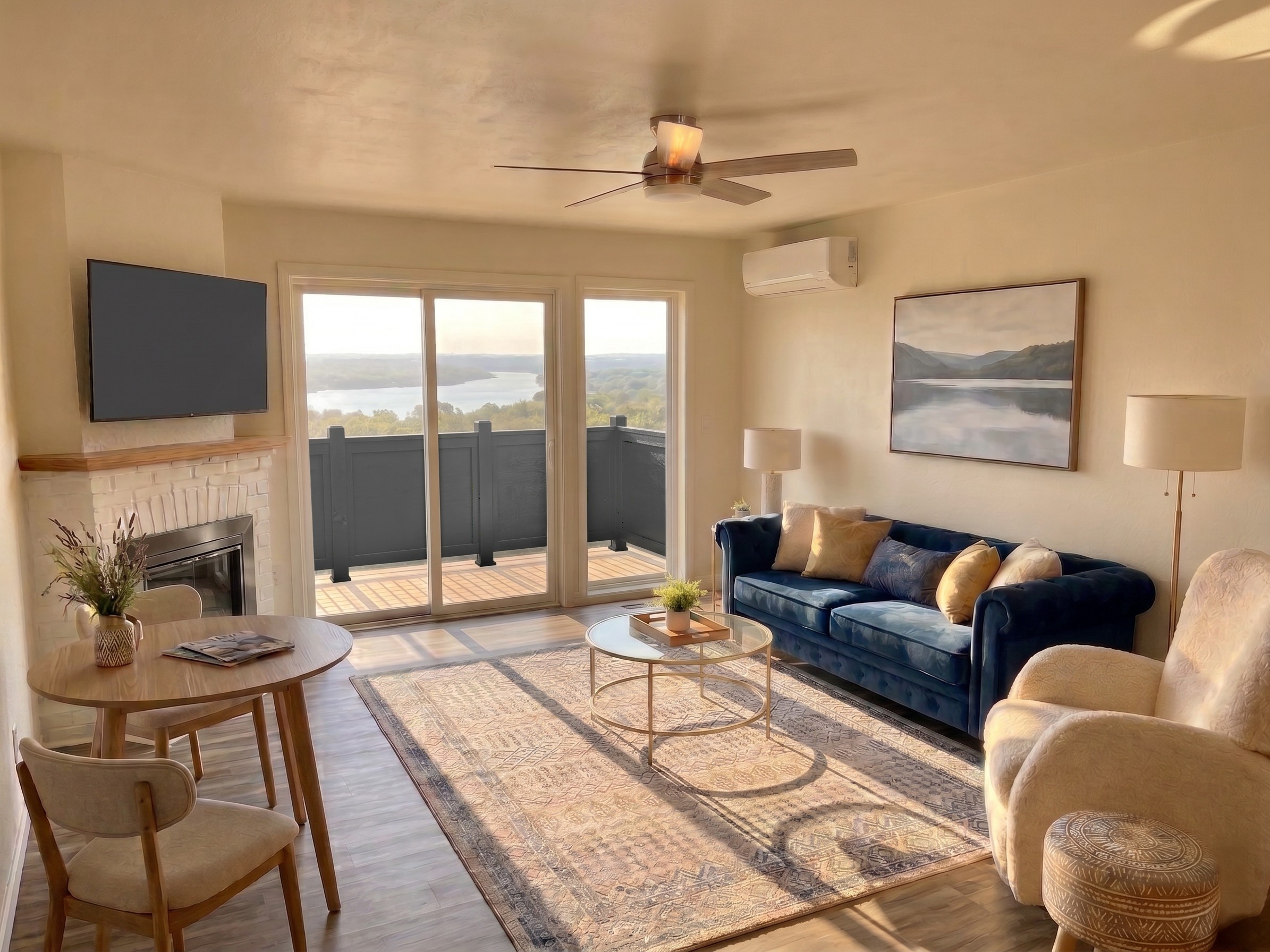 Model apartment living room opening onto a private balcony at