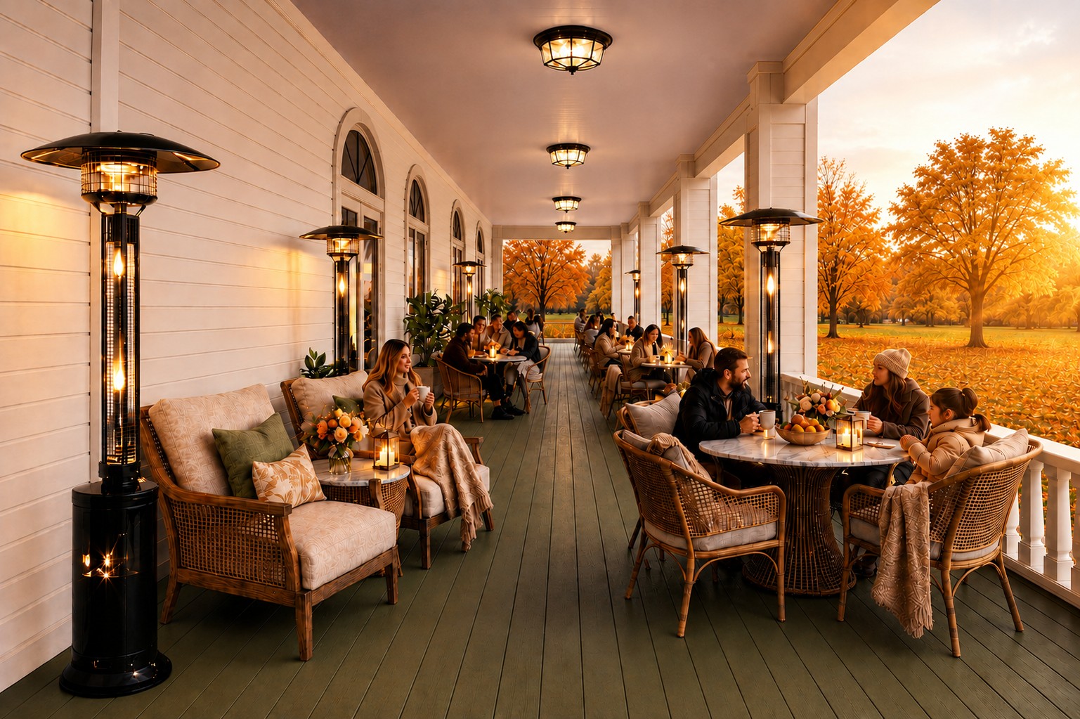 Rendering of community members enjoying the Baker House patio in the fall