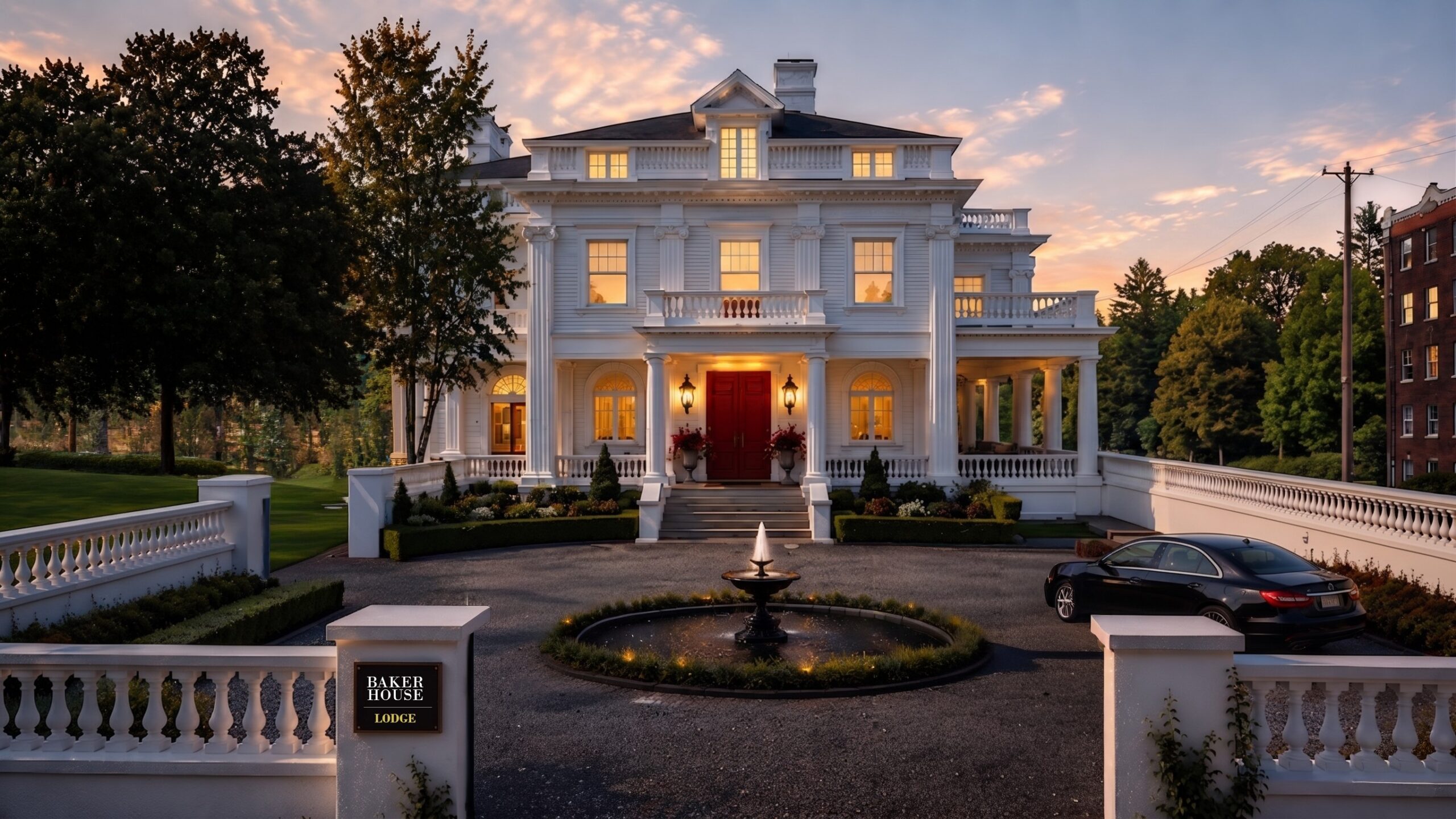 Rendering of the Baker House lodge at sunset scaled